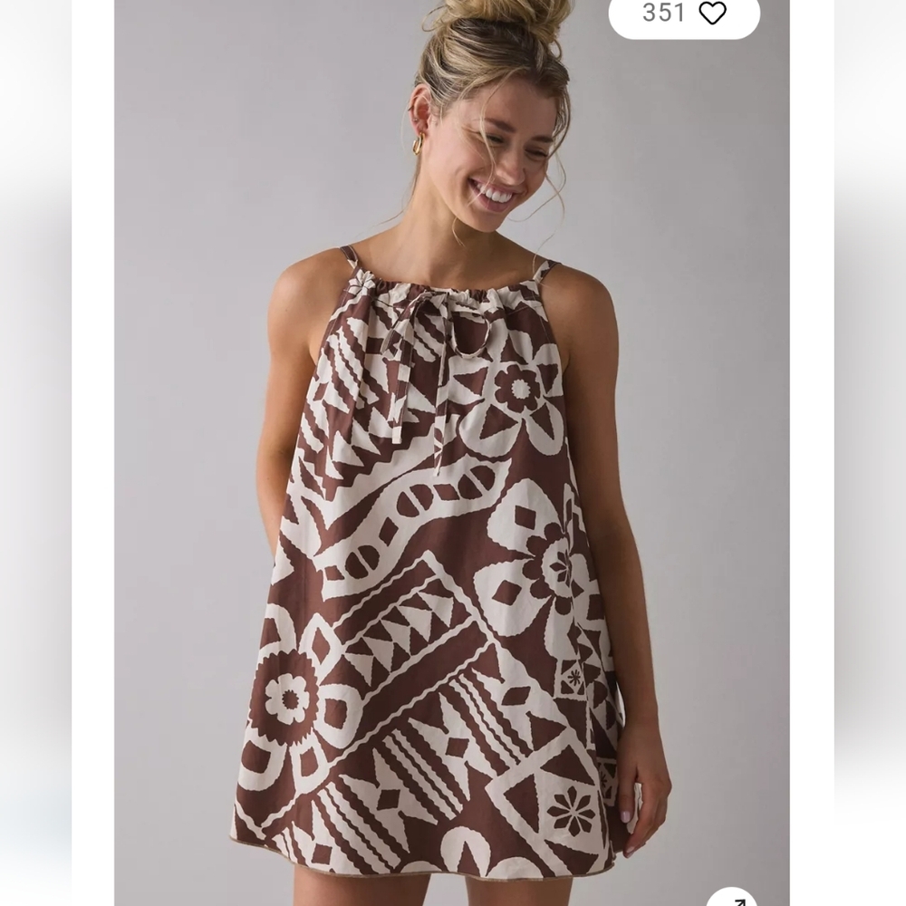 BDG Eva Tie-Front Ruched Strap Trapeze Mini Dress Brown Multi - Picture 3 of 9